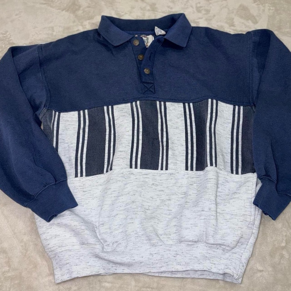 Vintage blue and grey striped quarter button up sweatshirt - Picture 4 of 6